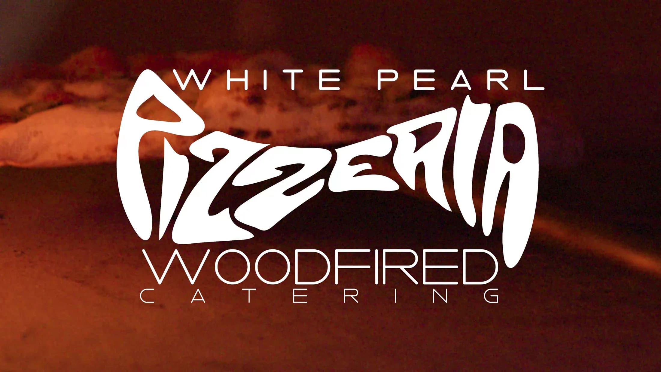 White Pearl Pizzeria logo over the glow of a wood-fired oven