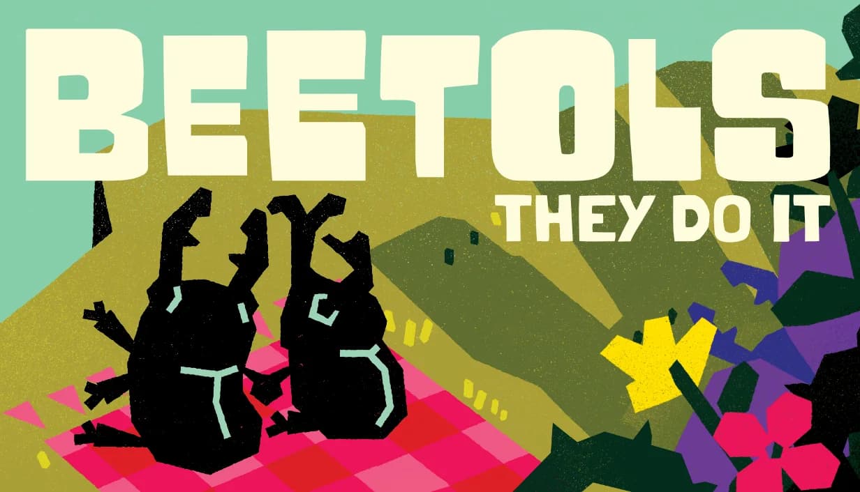 Colourful Beetols They Do It key art showing cartoon beetols gathered among flowers and leaves