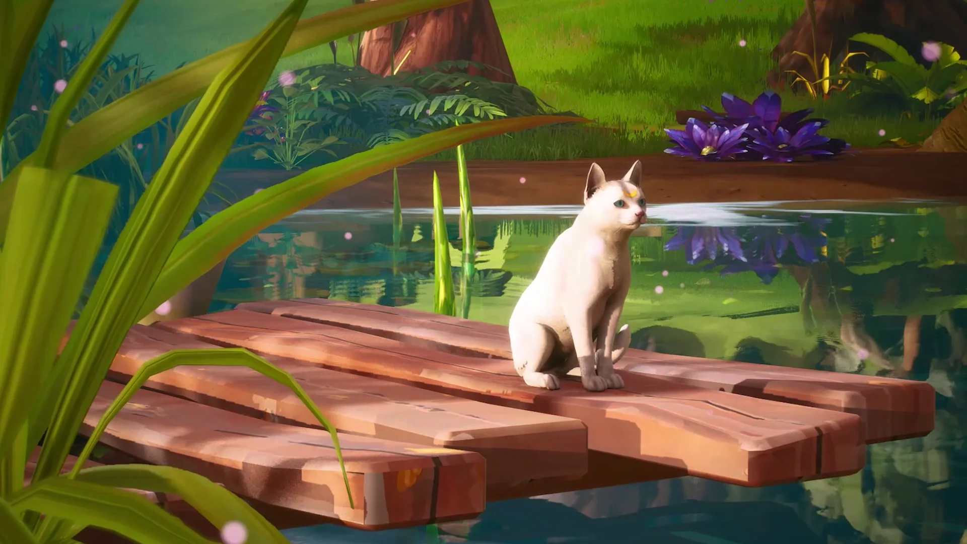 A white cat sitting beside a reflective pond in the Cat Cafe world