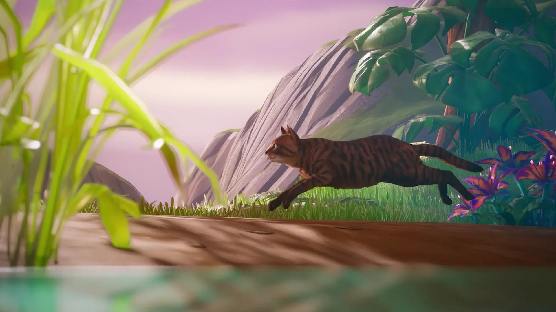A tabby cat leaping through the colourful Cat Cafe landscape