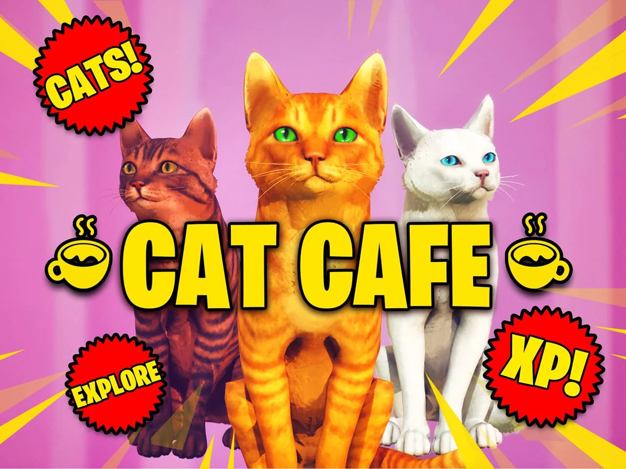 Three cats from the Cat Cafe Fortnite island against a bright pink background