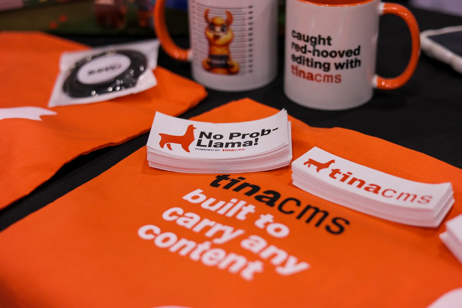 TinaCMS conference merchandise created around the llama-led brand identity